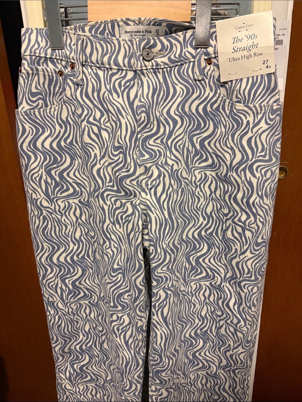 Abercrombie & Fitch Blue and White Wavy Print High-Rise Jeans